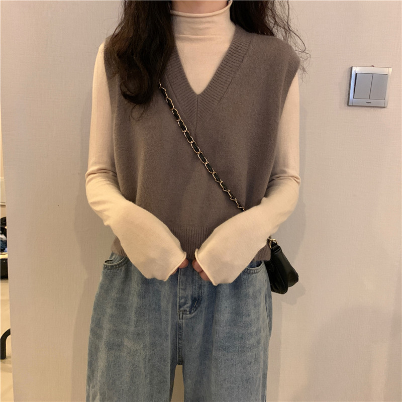 Женская жилетка 蓝色v领针织马甲女秋冬款外搭叠穿百搭坎肩无袖短款秋冬毛衣背心