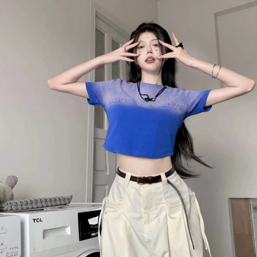 Ретро короткая футболка с коротким рукавом, градиент, в американском стиле