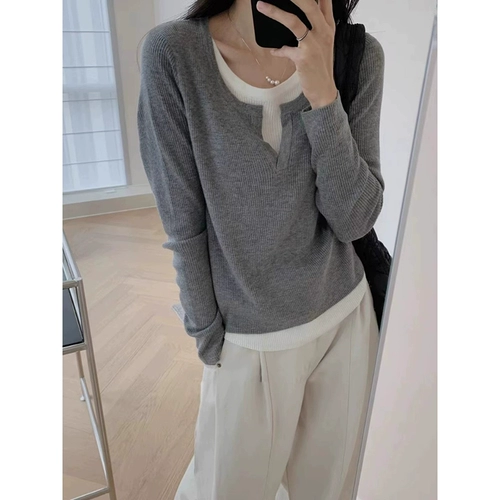 Черный комплект, осенний приталенный трикотажный приятный телу лонгслив