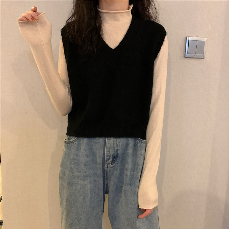 Женская жилетка 蓝色v领针织马甲女秋冬款外搭叠穿百搭坎肩无袖短款秋冬毛衣背心