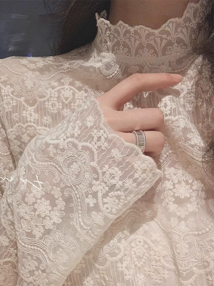 Лlace shirt, demi-season classic sweater, 2025 years, style, high collar
