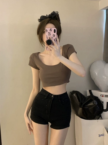 Хаки сексуальная короткая футболка с коротким рукавом, квадратный вырез, облегающий крой