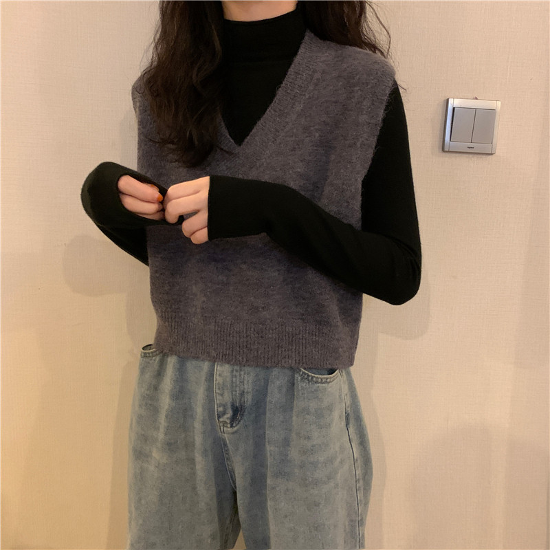 Женская жилетка 蓝色v领针织马甲女秋冬款外搭叠穿百搭坎肩无袖短款秋冬毛衣背心