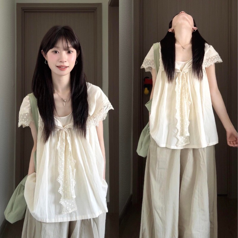 Milky Apricot Color Navy Collar Lace-Trimmed Shawl Shirt for Women, Summer Loose-Fitting Age-Reducing Sleeveless Vest Top, Babydoll Shirt