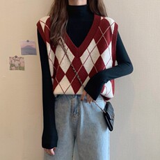 Женская жилетка 秋冬2022年新款菱格v领马甲针织背心毛衣女外搭叠穿复古坎肩马甲