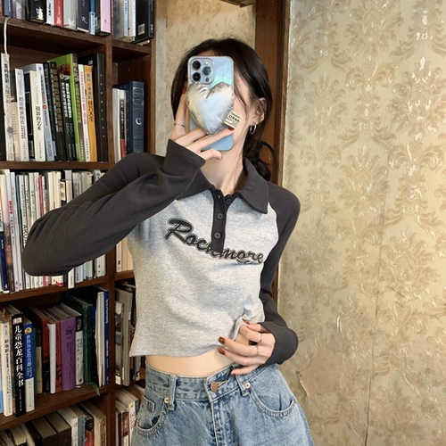 Ретро осенний дизайнерский короткий приятный телу лонгслив, в американском стиле, воротник поло, тренд сезона, облегающий крой