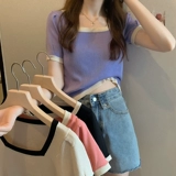 Летняя шелковая сексуальная тонкая трикотажная короткая футболка, короткий рукав, квадратный вырез