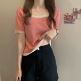 Летняя шелковая сексуальная тонкая трикотажная короткая футболка, короткий рукав, квадратный вырез