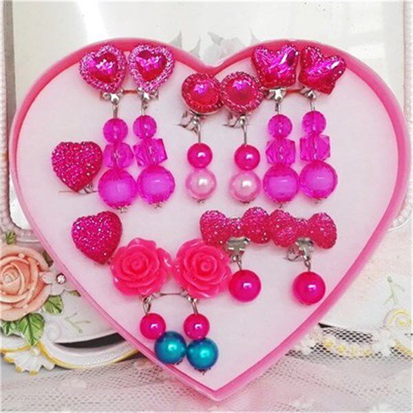 Korean version of love boxed children cute cartoon princess girl crystal earrings ear clip jewelry ring birthday gift