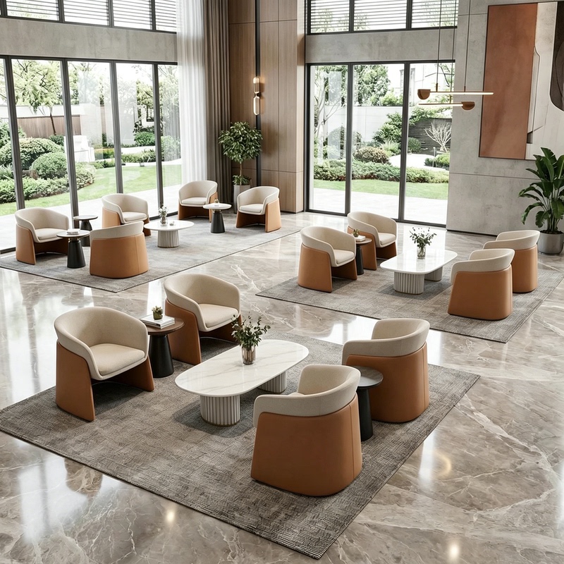 Designer-Style Hotel Lobby Reception Sofa and Coffee Table Set, Company Rest Area Reception Table and Chairs with a Light Luxury and High-End Feel