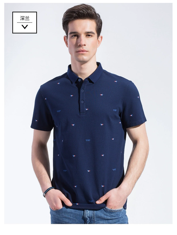 Romon Romon 2018 mùa hè mới ve áo giản dị ngắn tay T-Shirt nam trẻ và trung niên mỏng in POLO áo sơ mi