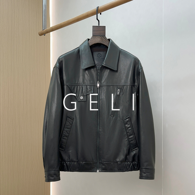 Geli New Genuine Leather Jacket for Men, First Layer Sheepskin Short Jacket with a Turn-Down Collar, Stylish Biker Slim-Fit Casual Coat Geli New Genuine Leather Jacket for Men, First Layer Sheepskin Short Jacket with a Turn-Down Collar, Stylish Biker Slim-Fit Casual Coat