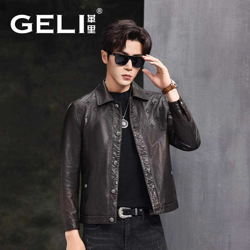 2025 New Men's Genuine Leather Jacket, First Layer Cowhide, Short Style, Lapel, Fashionable Slim Fit, Motorcycle Embroidered Coat