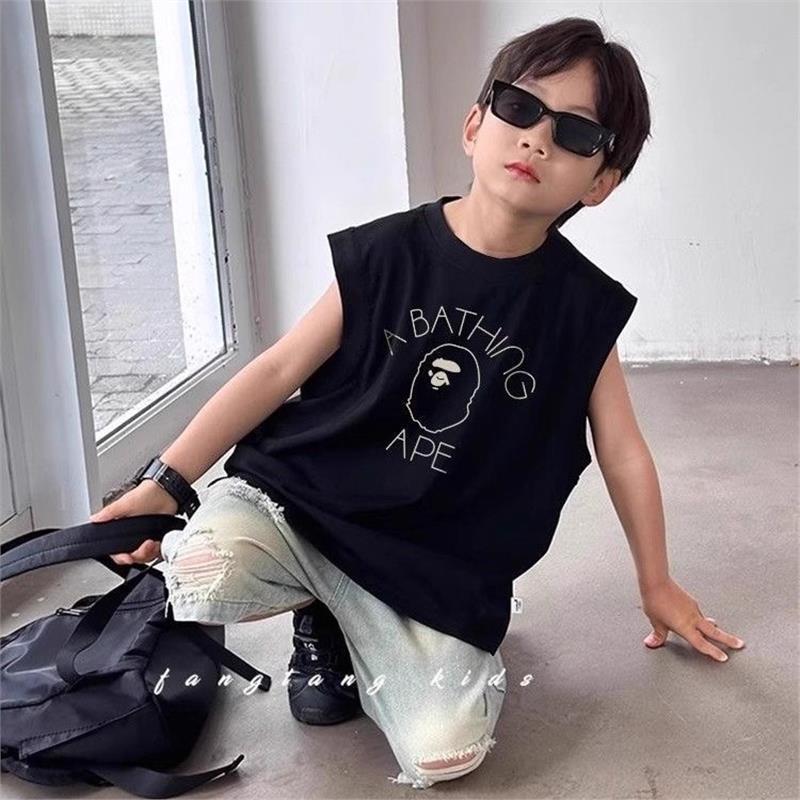 Japanese Trendy Brand Bape Children's Clothing Summer Style Cartoon Print Sleeveless Vest for Boys and Girls, Stylish Sleeveless Top for Older Children