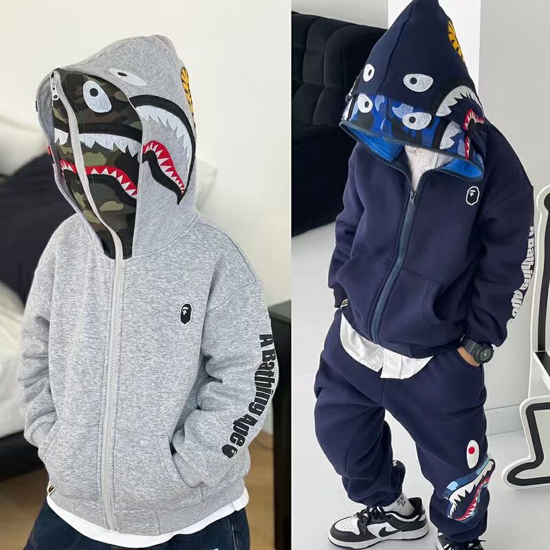 Japanese Trendy Brand Bape Kidsren's Clothing Winter All-In-One Velvet Pure Cotton Shark Hooded Jacket for Boys and Girls Double Hooded Zipper Shirt
