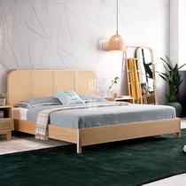 Nordic ins ash wood rattan solid wood bed modern minimalist Japanese retro light luxury rattan master bedroom double bed