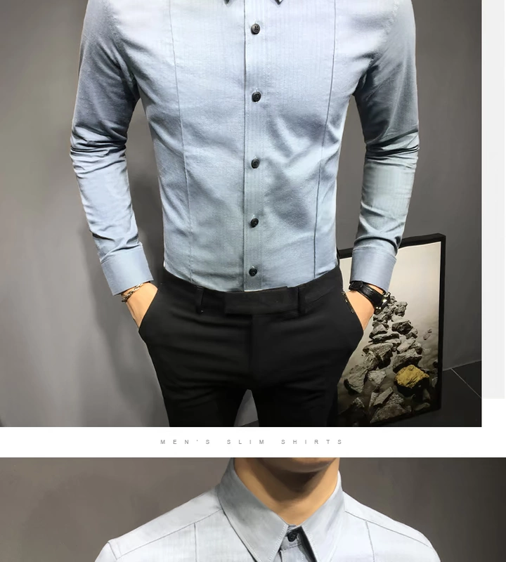 Áo sơ mi nam tay dài Slim phiên bản Hàn Quốc của inch trẻ trung màu rắn thoáng khí cotton co giãn kinh doanh thời trang sơ mi
