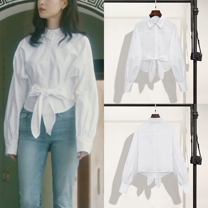 Timeless Elegance: Ni Ni and Zhu Suo Suo's Celebrity Style 2024 Spring New White Waist-Cinching Bow Short Shirt for Women Timeless Elegance: Ni Ni and Zhu Suo Suo's Celebrity Style 2024 Spring New White Waist-Cinching Bow Short Shirt for Women