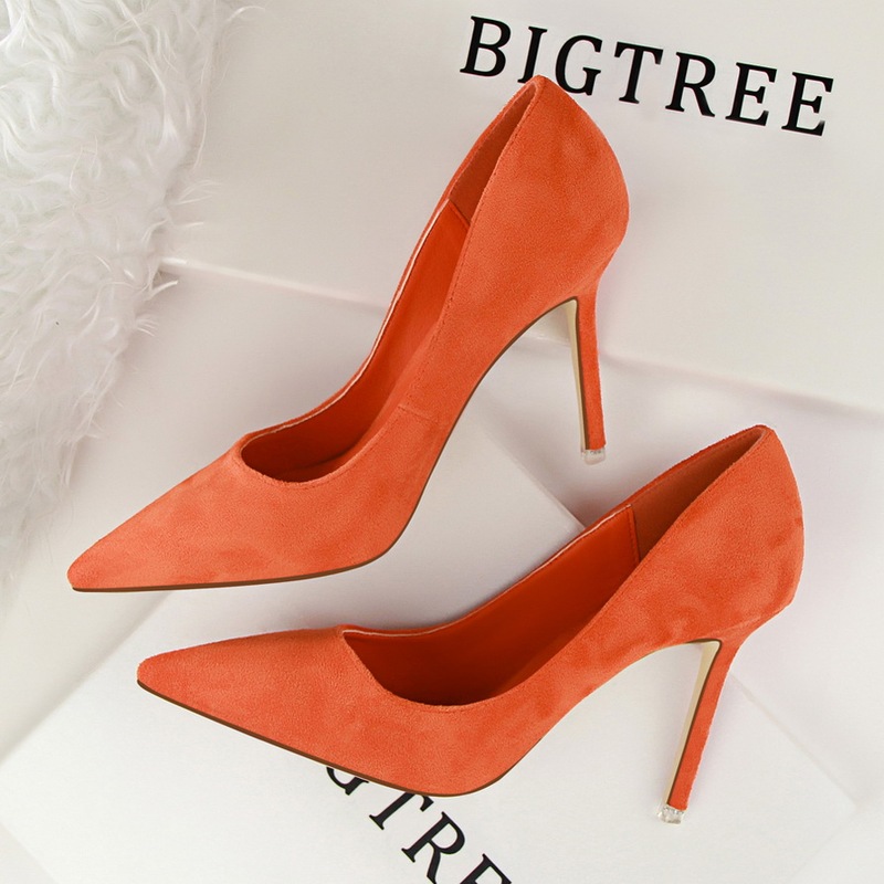 New Spring Pointed-Toe French-Style High-Heeled Shoes, Large Sizes 41-43, Stiletto Heels, Professional Suede Orange Single Shoes, Slimming Effect