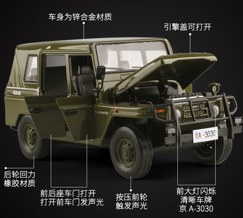 Alloy 1:28 Beijing Jeep 2020 Metal BJ2020 Off-road Car Military Simulation Car Model Pendulum
