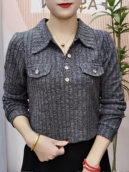 春秋新款时尚长袖衬衫女气质大码显瘦polo领百搭纯色衬衣外套上衣