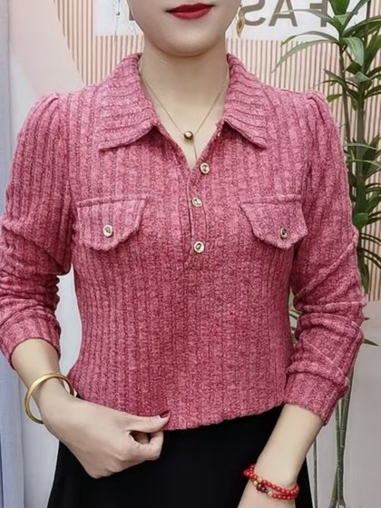 春秋新款时尚长袖衬衫女气质大码显瘦polo领百搭纯色衬衣外套上衣