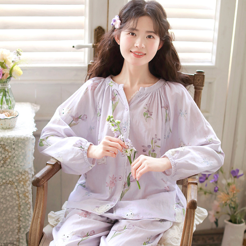 Mian Dao Pure Cotton Pajamas for Women, Spring and Autumn Cotton Gauze with Chest Pads, Long-Sleeved Set, Sweet and Can Be Worn Outside, Thin Home Wear