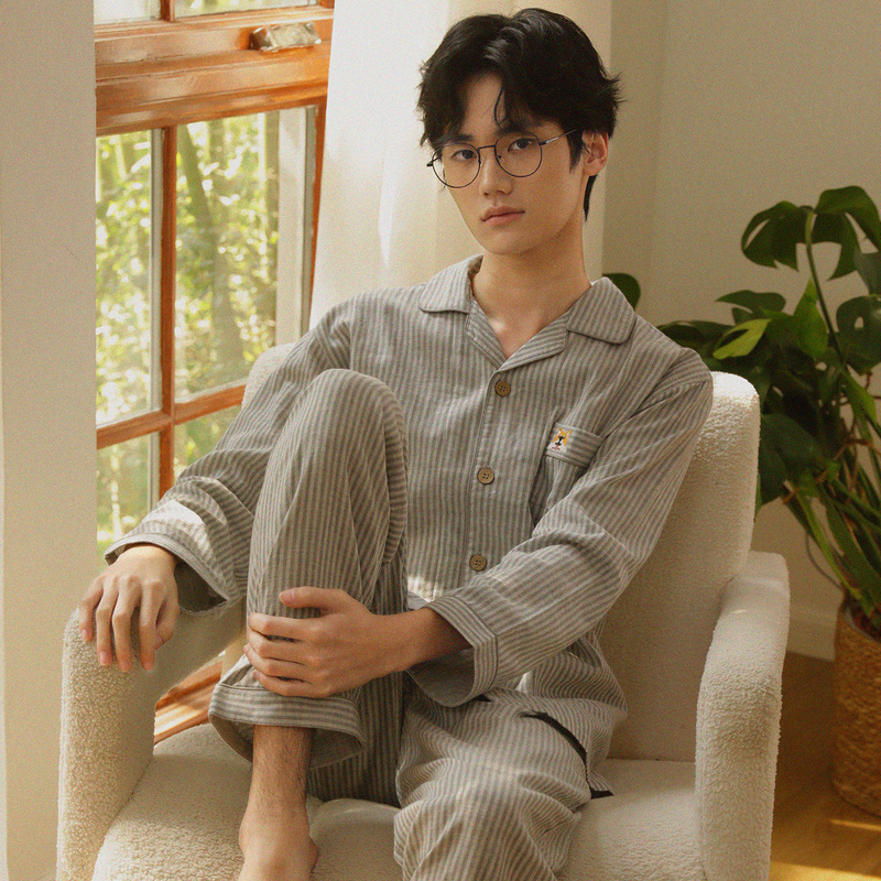 Men's Pajamas Spring and Autumn Pure Cotton Gauze Long-Sleeve Set Simple Striped All-Cotton Can Be Worn Outside Loungewear