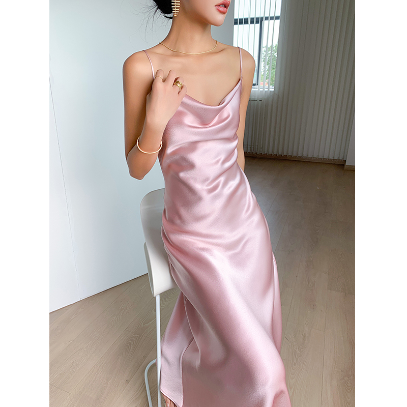 Karfely/Japanese Imported Triacetate Satin Dress Cherry Blossom Pink 45-Degree Bias Cut Swing Collar Strap Long Dress Karfely/Japanese Imported Triacetate Satin Dress Cherry Blossom Pink 45-Degree Bias Cut Swing Collar Strap Long Dress