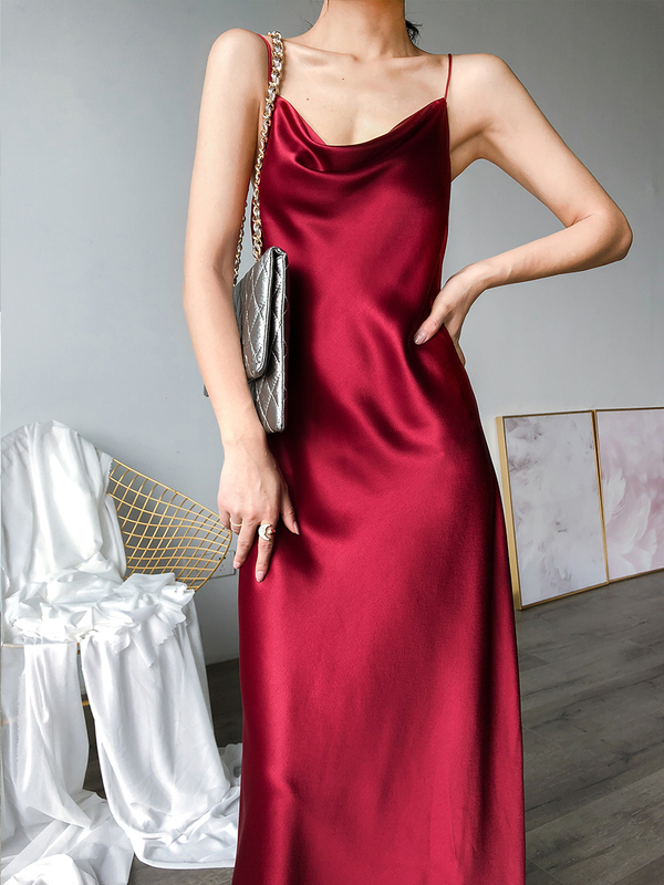 Stunning! Triacetate Satin Dress, Super Beautiful 45-Degree Bias-Cut, Draped Neckline, Burgundy Acetate Spaghetti Strap Long Dress