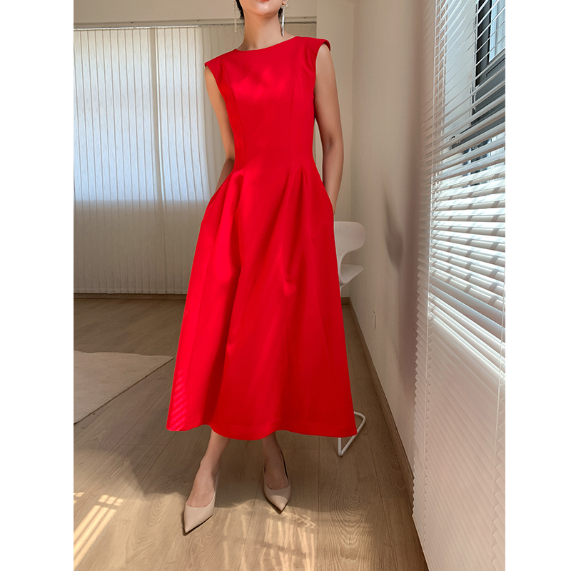 Karfely/Kaifailai Imported Triacetate Fiber Dress for Women, Long Dress with Waist-Cinching, Sleeveless A-Line Dress, Crisp and Stylish