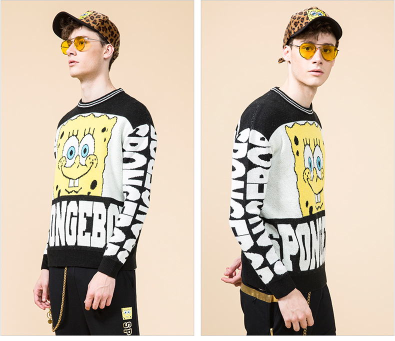 Vui vẻ tide thương hiệu mùa thu và mùa đông mới SpongeBob phim hoạt hình dễ thương dài tay cổ tròn ấm áo len nam giới và phụ nữ các cặp vợ chồng thủy triều áo len thổ cẩm