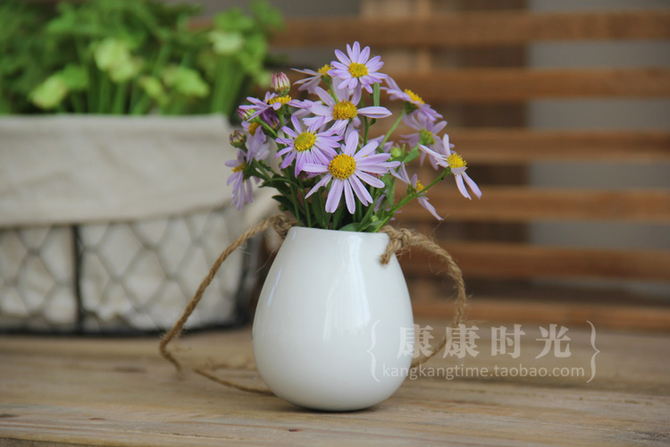 {康康 时} Bình treo màu trắng tinh khiết hình quả trứng với dây gai bằng gốm zakka - Vase / Bồn hoa & Kệ chậu cây cảnh bằng gốm sứ