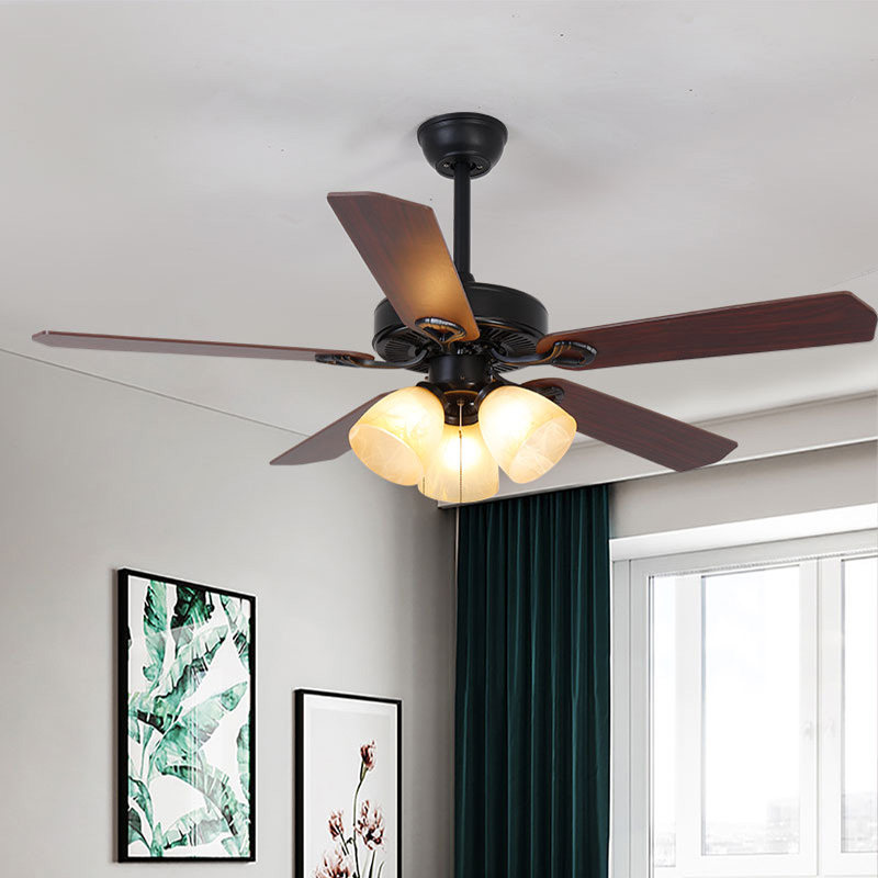 Black Ceiling LightRestaurant Simple Electric Fan Lighting American Country Virgin Living Room Industrial Iron Wood Leaves Mute Household