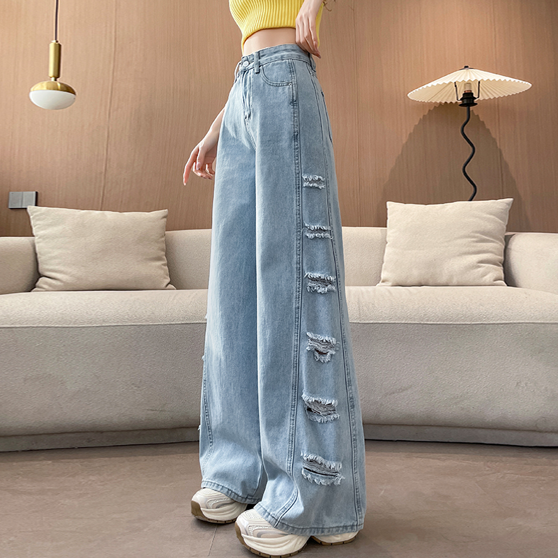 Designed with Side Patchwork and Distressed Details, Women's 2026 Summer Thin Loose-Fitting, Body-Covering, Floor-Length Wide-Leg Jeans