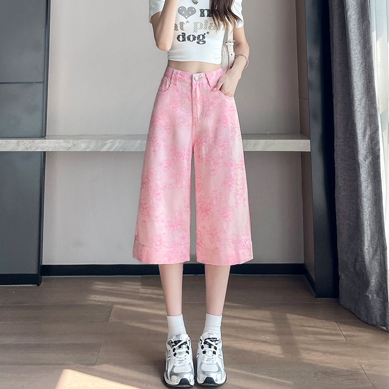 Pink Jacquard Cropped Jeans for Women, 2026 Summer Thin Wide-Leg Over-The-Knee Pants, New Chinese Style Printed 7/8 Pants