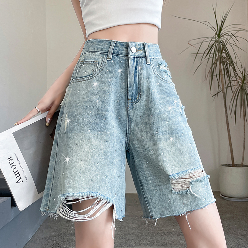 Sparkling Diamond Ripped Denim Shorts for Women, 2026 Summer Thin Loose Fit, Body-Covering Half Pants, Starry and Shiny Five-Point Shorts