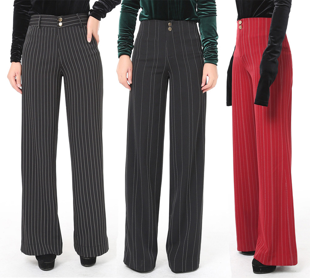 New striped wide leg high waist straight modern national standard ballroom dance trousers Female Latin dance pants square denim flinging pants
