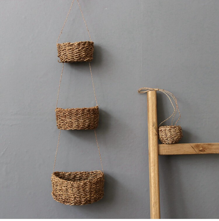 Pastoral American country hemp rope weaving handmade wicker wall hanging small flower basket rattan hanging basket hook flower pot