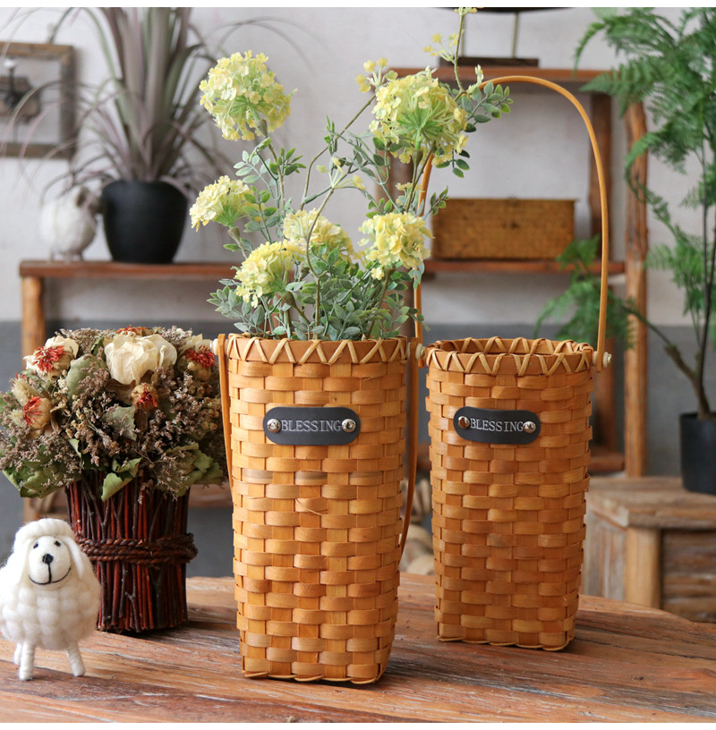 Pastoral Series Wood Chips Small Flower Basket Handbag Flower Basket Home Decoration Desktop Flower Basket Handheld Flower Basket