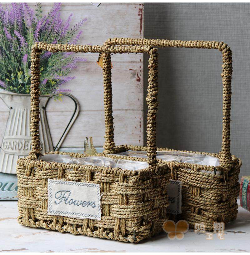 Grass-knitted portable flower basket straw choreography floral flower basket floral flower basket waterproof grass woven flower basket field basket