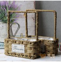 Straw hand flower basket straw woven long square hand flower basket flower basket flower flower arrangement flower basket waterproof straw basket garden basket