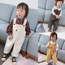 Childrens back with pants cotton fabric pockets 2022 New boy Han version loose pants Children conjoined casual pants