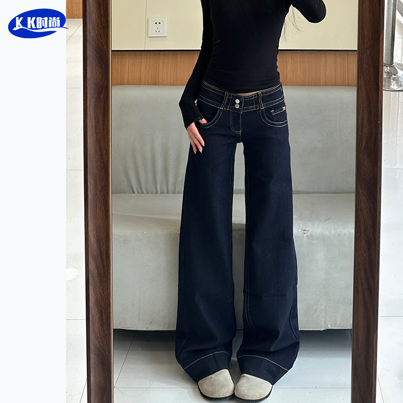 Abje American Style Denim Blue Bootcut Jeans for Women |   2026 Hot Girl Double Button High-End Slimming Straight-Leg Floor-Length Pants