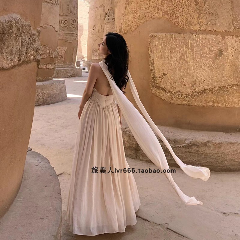 Gansu Xinjiang Desert Tourism Vacation Long Dress for Women Chiffon Apricot Color Seaside Beach Dress Sleeveless Backless Dress