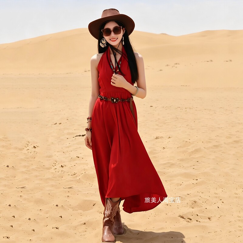 Red Halter Neck Long Dress, Waist-Cinching, Vacation Style, Slimming, Elegant Dress, Desert Style, Travel Photography, Sleeveless Dress