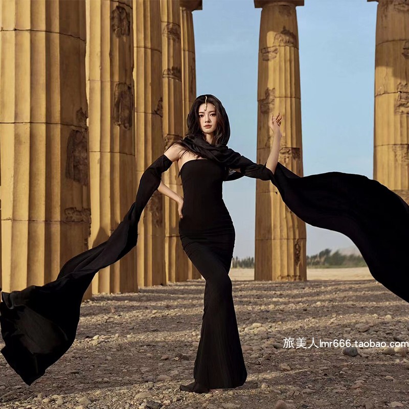 Hepburn Black Dress, Dunhuang Desert Black Mountain Travel Photoshoot, Goddess-Like Sexy Long Dress, Super Fairy-Like Vacation Dress