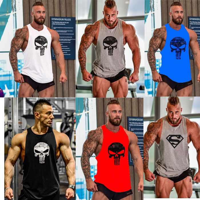 New products Professional fitness vest Kan shoulder T-shirt Word Vest movement cross-column male and Xia pure cotton loose sweat