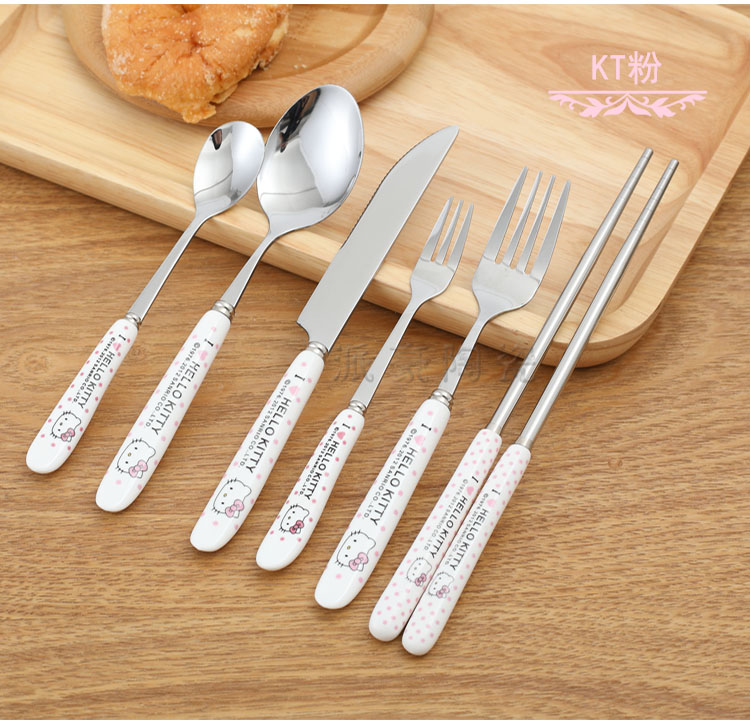 Hello kitty phim hoạt hình Hàn Quốc gốm xử lý bằng thép không gỉ dao kéo bít tết dao thìa đũa - Đồ ăn tối khay đựng đồ ăn