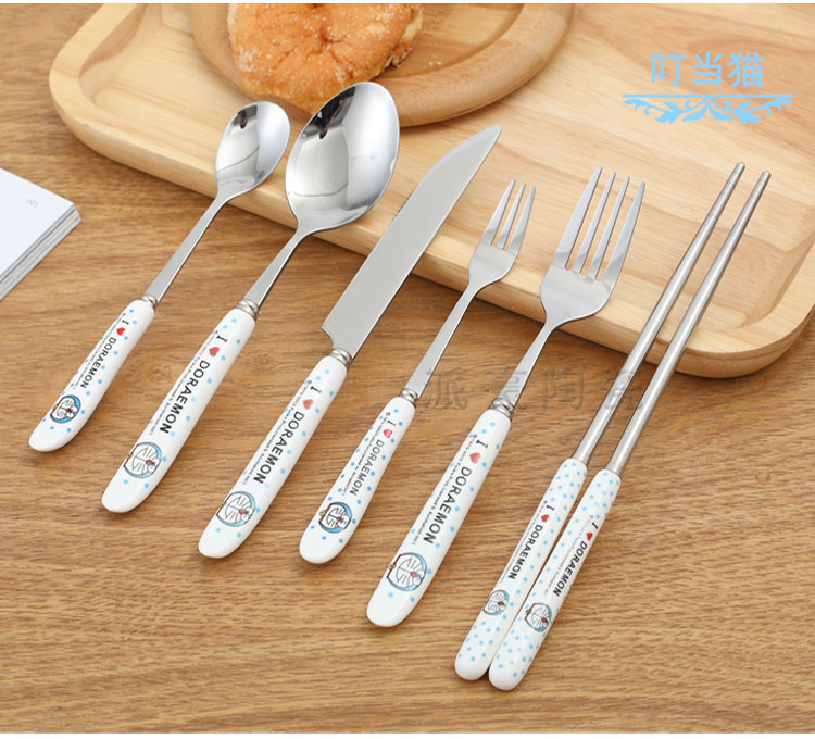 Hello kitty phim hoạt hình Hàn Quốc gốm xử lý bằng thép không gỉ dao kéo bít tết dao thìa đũa - Đồ ăn tối khay đựng đồ ăn